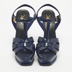 Pre Owned Saint Laurent Navy Blue Patent Leather Tribute Ankle Strap Sandals Size 38