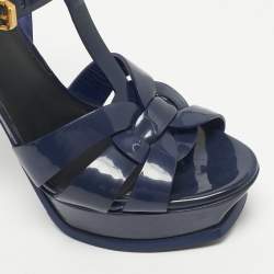 Pre Owned Saint Laurent Navy Blue Patent Leather Tribute Ankle Strap Sandals Size 38