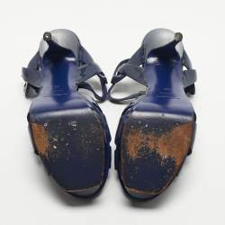 Pre Owned Saint Laurent Navy Blue Patent Leather Tribute Ankle Strap Sandals Size 38
