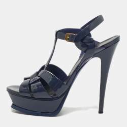 Pre Owned Saint Laurent Navy Blue Patent Leather Tribute Ankle Strap Sandals Size 38