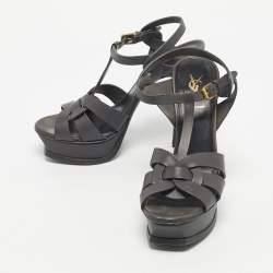 Pre Owned Saint Laurent  Grey Leather Tribute Sandals Size 38