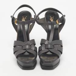 Pre Owned Saint Laurent  Grey Leather Tribute Sandals Size 38