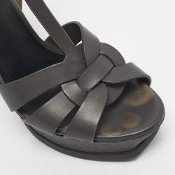 Pre Owned Saint Laurent  Grey Leather Tribute Sandals Size 38