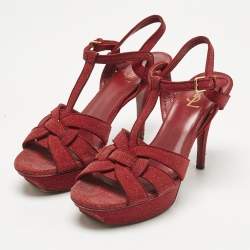 Pre Owned Saint Laurent Red Glitter Suede Tribute Platform Sandals Size 40