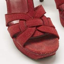 Pre Owned Saint Laurent Red Glitter Suede Tribute Platform Sandals Size 40