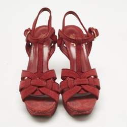 Pre Owned Saint Laurent Red Glitter Suede Tribute Platform Sandals Size 40