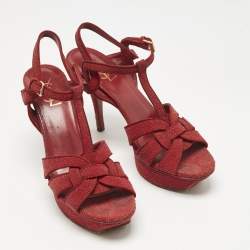 Pre Owned Saint Laurent Red Glitter Suede Tribute Platform Sandals Size 40