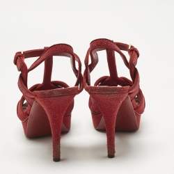 Pre Owned Saint Laurent Red Glitter Suede Tribute Platform Sandals Size 40