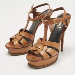 Pre Owned Saint Laurent Tan Leather Tribute Platform Sandals Size 38