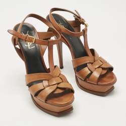 Pre Owned Saint Laurent Tan Leather Tribute Platform Sandals Size 38