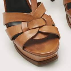 Pre Owned Saint Laurent Tan Leather Tribute Platform Sandals Size 38
