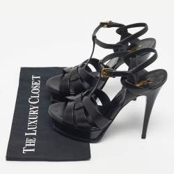 Pre Owned Saint Laurent Black Leather Tribute Ankle Strap Sandals Size 39.5