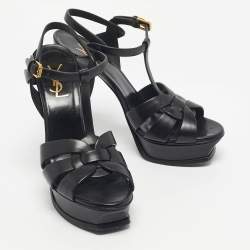 Pre Owned Saint Laurent Black Leather Tribute Ankle Strap Sandals Size 39.5