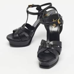 Pre Owned Saint Laurent Black Leather Tribute Ankle Strap Sandals Size 39.5