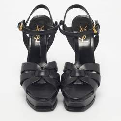Pre Owned Saint Laurent Black Leather Tribute Ankle Strap Sandals Size 39.5