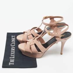 Pre Owned Saint Laurent Beige Patent Leather Tribute Ankle Strap Sandals Size 41