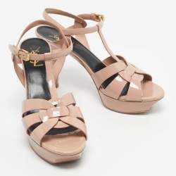 Pre Owned Saint Laurent Beige Patent Leather Tribute Ankle Strap Sandals Size 41