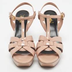 Pre Owned Saint Laurent Beige Patent Leather Tribute Ankle Strap Sandals Size 41