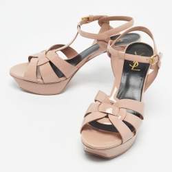 Pre Owned Saint Laurent Beige Patent Leather Tribute Ankle Strap Sandals Size 41