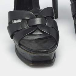 Pre Owned Saint Laurent Black Leather Tribute Platform Sandals Size 37.5