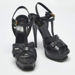 Pre Owned Saint Laurent Black Leather Tribute Platform Sandals Size 37.5