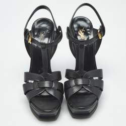 Pre Owned Saint Laurent Black Leather Tribute Platform Sandals Size 37.5
