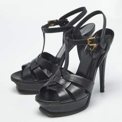 Pre Owned Saint Laurent Black Leather Tribute Platform Sandals Size 37.5