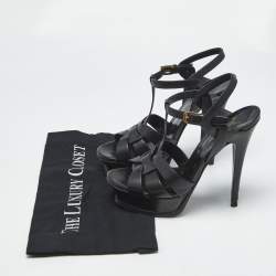 Pre Owned Saint Laurent Black Leather Tribute Platform Sandals Size 37.5