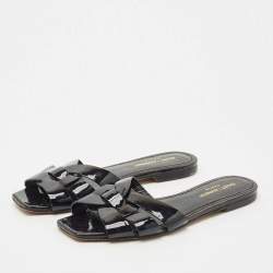 Pre Owned Saint Laurent Black Patent Leather Tribute Flat Slides Size 37