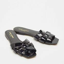 Pre Owned Saint Laurent Black Patent Leather Tribute Flat Slides Size 37