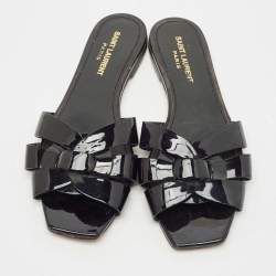 Pre Owned Saint Laurent Black Patent Leather Tribute Flat Slides Size 37