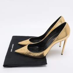 Pre Owned Saint Laurent Gold Python Embossed Leather Zoe Pointed Toe Pumps Size 42