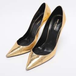 Pre Owned Saint Laurent Gold Python Embossed Leather Zoe Pointed Toe Pumps Size 42