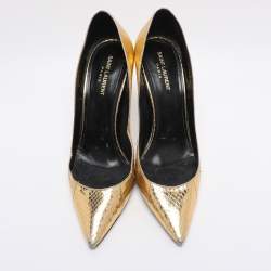 Pre Owned Saint Laurent Gold Python Embossed Leather Zoe Pointed Toe Pumps Size 42