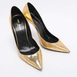 Pre Owned Saint Laurent Gold Python Embossed Leather Zoe Pointed Toe Pumps Size 42
