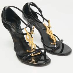 Pre Owned Saint Laurent Black Patent Leather Cassandra Ankle Strap Sandals Size 38.5