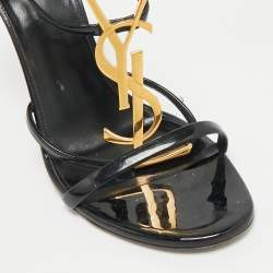 Pre Owned Saint Laurent Black Patent Leather Cassandra Ankle Strap Sandals Size 38.5