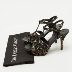 Pre Owned Saint Laurent Black/Beige Floral Lace and Leather Tribute Platform Sandals Size 36.5