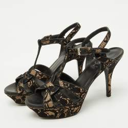 Pre Owned Saint Laurent Black/Beige Floral Lace and Leather Tribute Platform Sandals Size 36.5