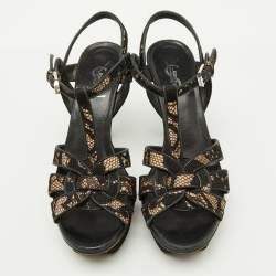 Pre Owned Saint Laurent Black/Beige Floral Lace and Leather Tribute Platform Sandals Size 36.5