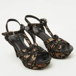 Pre Owned Saint Laurent Black/Beige Floral Lace and Leather Tribute Platform Sandals Size 36.5