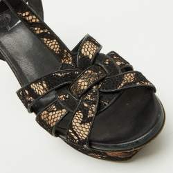 Pre Owned Saint Laurent Black/Beige Floral Lace and Leather Tribute Platform Sandals Size 36.5