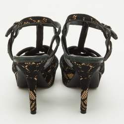 Pre Owned Saint Laurent Black/Beige Floral Lace and Leather Tribute Platform Sandals Size 36.5