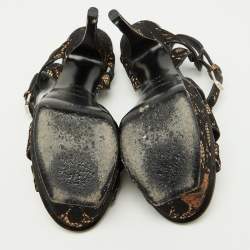 Pre Owned Saint Laurent Black/Beige Floral Lace and Leather Tribute Platform Sandals Size 36.5