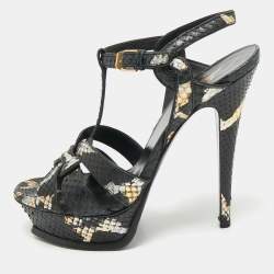 مملوكة مسبقًا Saint Laurent Black/Gold Snakeskin Tribute Platform Sandals Size 37.5