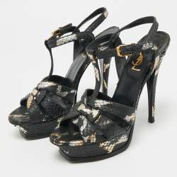 مملوكة مسبقًا Saint Laurent Black/Gold Snakeskin Tribute Platform Sandals Size 37.5