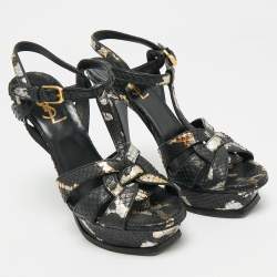 مملوكة مسبقًا Saint Laurent Black/Gold Snakeskin Tribute Platform Sandals Size 37.5