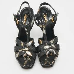 مملوكة مسبقًا Saint Laurent Black/Gold Snakeskin Tribute Platform Sandals Size 37.5