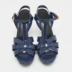 Pre Owned Saint Laurent Navy Blue Patent Leather Tribute Platform Sandals Size 40
