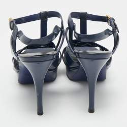 Pre Owned Saint Laurent Navy Blue Patent Leather Tribute Platform Sandals Size 40